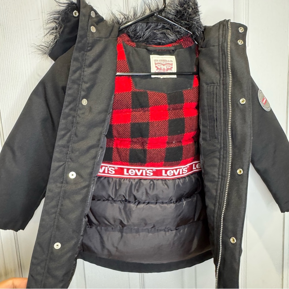 Levi's Kid's XS 4 Black Winter Heavy Parka Down Jacket Coat Plaid Lined - Picture 7 of 10